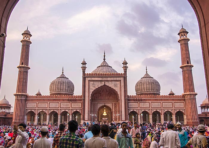 The mosque is made of red sandstone and white marble