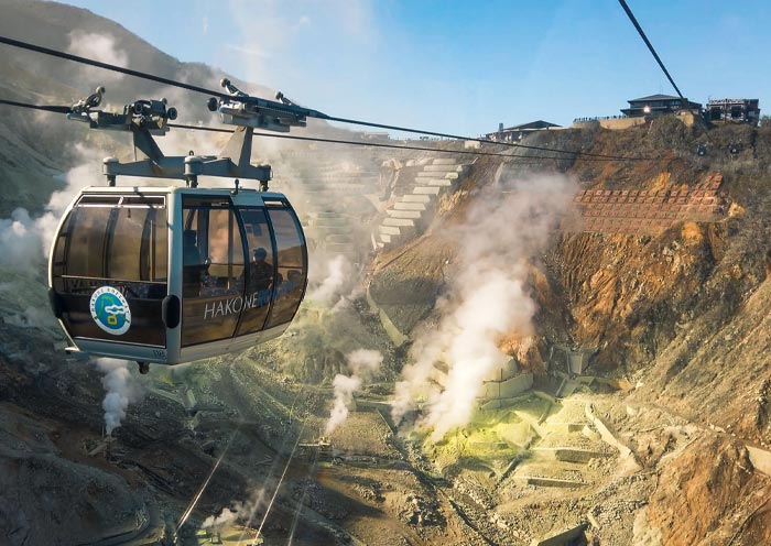 Cable cars fly over Owakudani,  Hakone