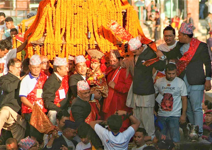 The highlight of Indra Jatra is the chariot procession of the living goddess Kumari