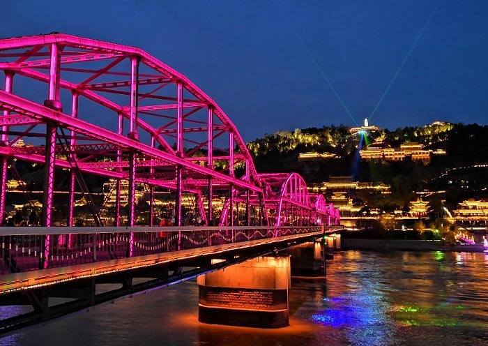 Night view of 100-year-old Iron Bridge over Yellow River