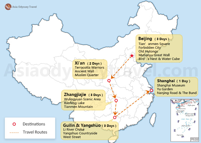 China 12 days itinerary map